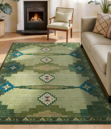 Washable Green Mid Century Modern Area Rug