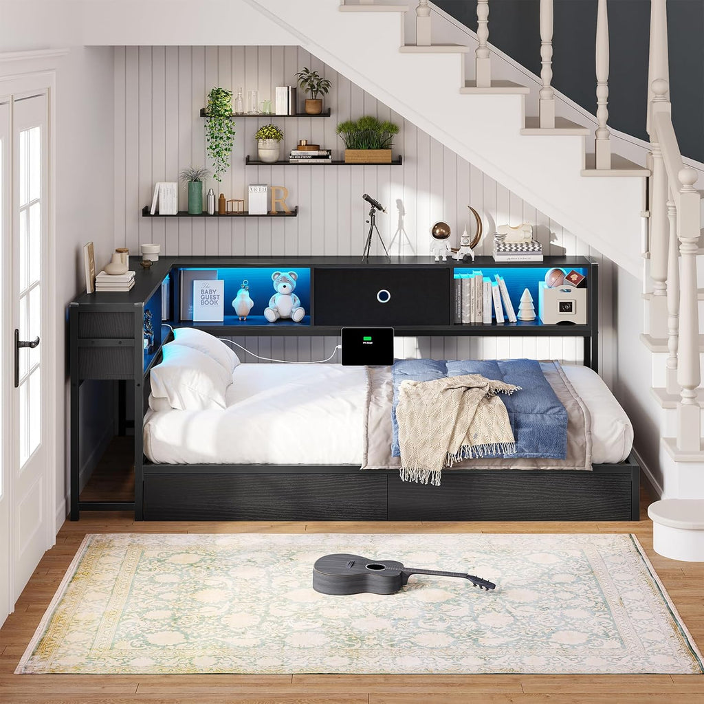 Twin Corner Bed Frame with Storage Drawers and Bookcase Headboard, Twin Size Metal Platform Corner Bed Frame with