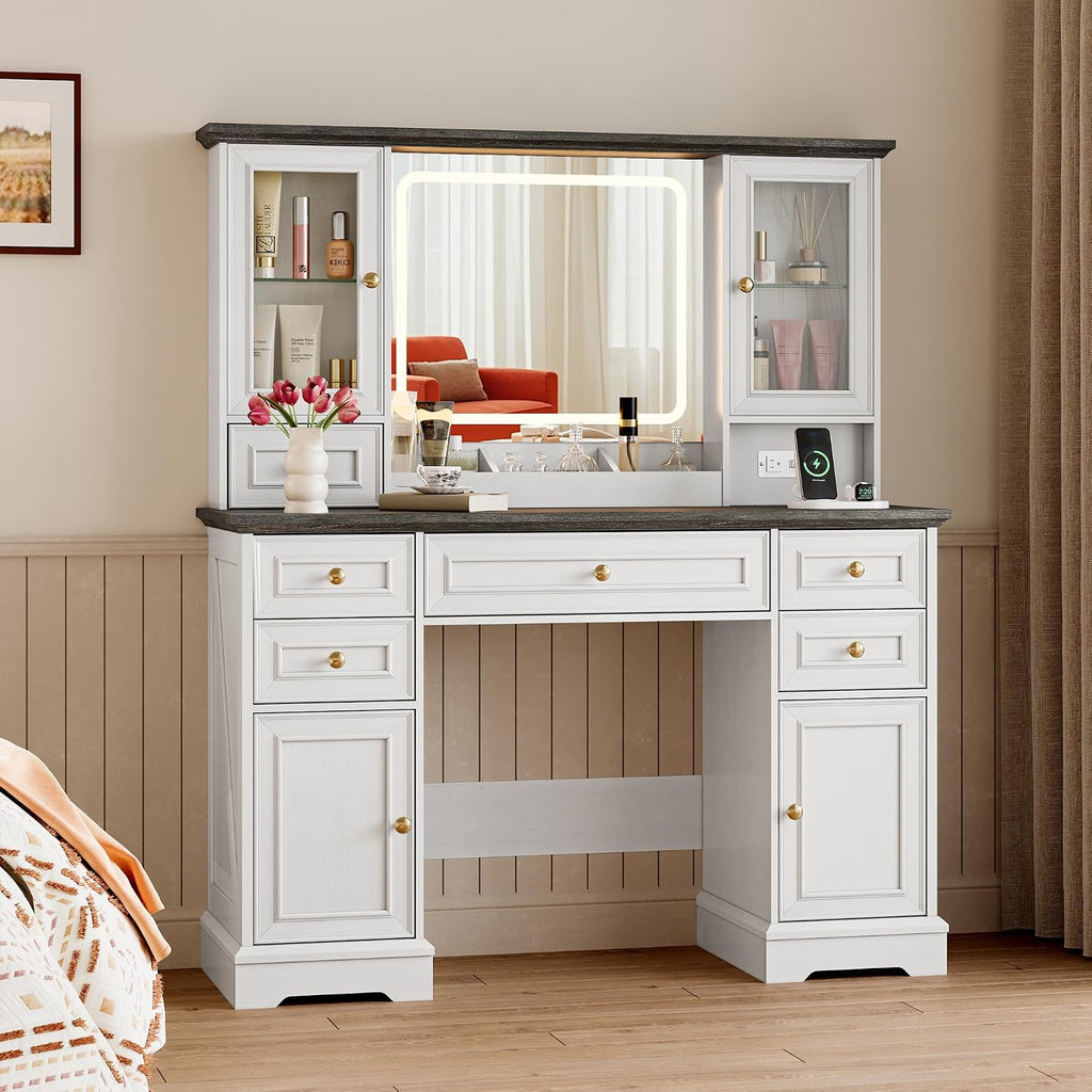 Vanity Desk with Lights, Large LED Mirror with 3 Color Modes, Makeup Vanity with Power Outlet & USB Ports, 6 Drawers