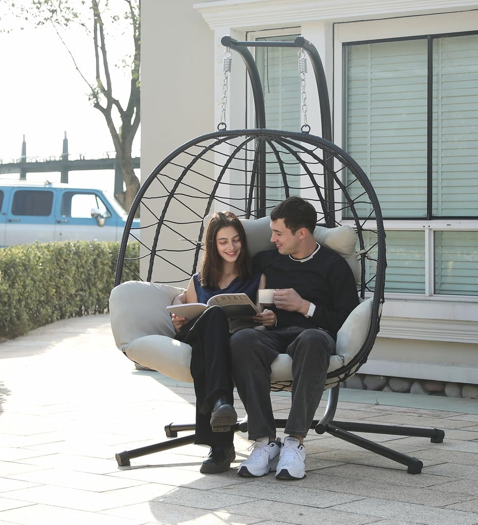 Double Egg Chair with Stand Hammock Swing Chair Foldable Hanging Loveseat, UV Resistant Removable Cushions, 700LBS