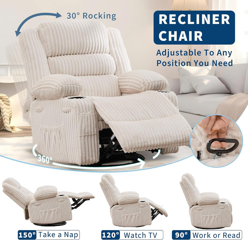 Rocking Recliner Chair Lazy Boy Jumbo Corduroy Nursery Swivel Glider | Recliner with Cup Holder Nursery Glider with