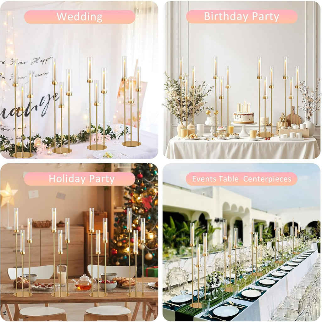 4pcs Gold Candelabra 3 Arm Taper Candle Holders with Acrylic Lampshade, 33.8'' Tall Candelabra Centerpiece for Table