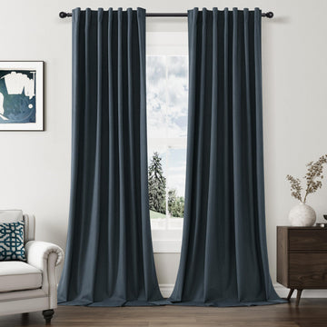 100% Blackout Linen Curtains 84 Inch Long 2 Panels Vintage Blue
