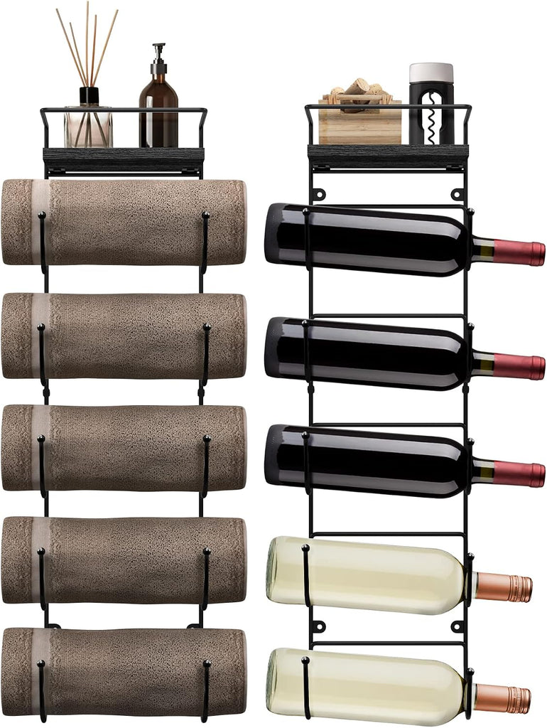 Bathroom Towel Holder - 5 Tier Metal Towel Rack with Wood Shelf for Rolled Bath Towels, Washcloths, Linens, Hand