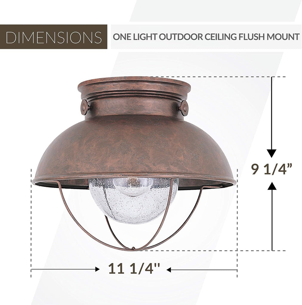 Sebring One Light Outdoor Flush Mount Ceiling Light with Clear Seeded Glass Diffuser, Weathered Copper Finish