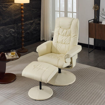 Modern Reclining Swivel Lounge Chair and Ottoman — Beige PU Leather