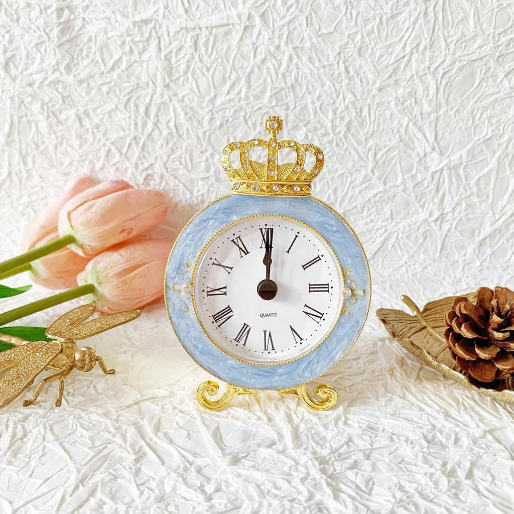 Vintage Mini Analog Table Clock, Silent Crown Table Clock with Hand-Painted Metal Body and Battery Operated Non-Ticking Core for Shelf,...