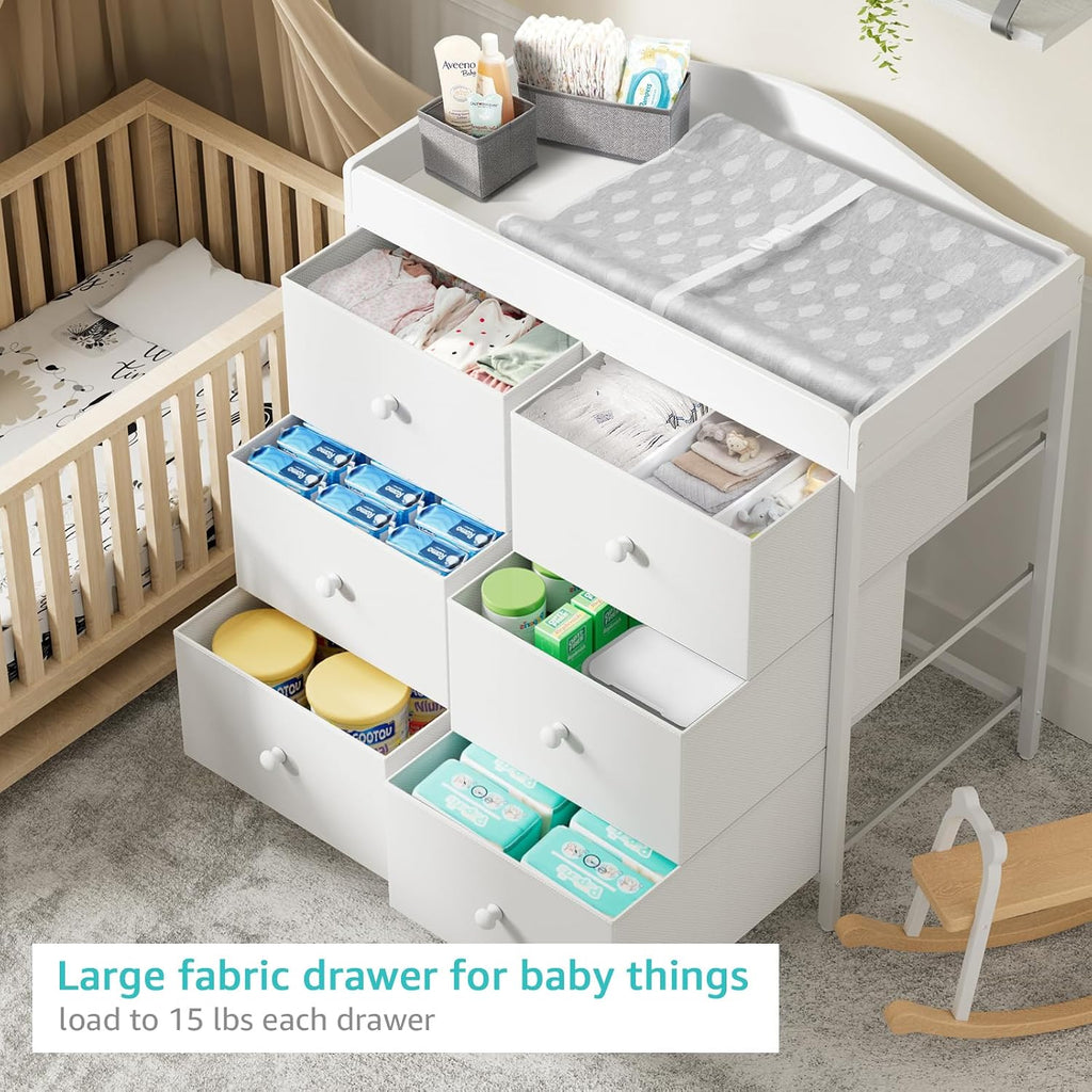 White Changing Table Dresser with 6 Drawers Baby Dresser with Changing Table Top Diaper Changing Station with Storage