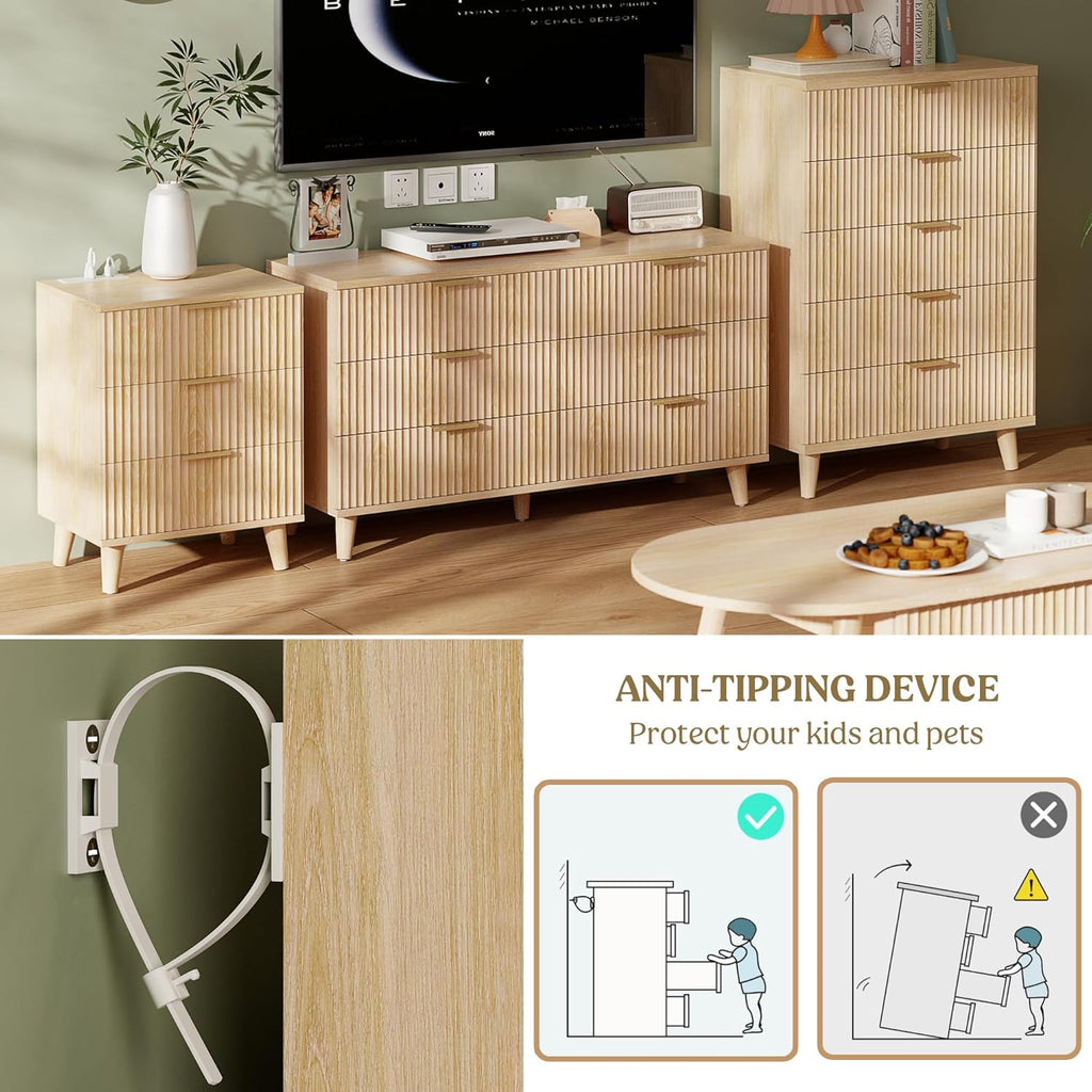 Dresser Wood Tall Dressers Drawers, Fluted Modern Dresser 5 Drawers Natural