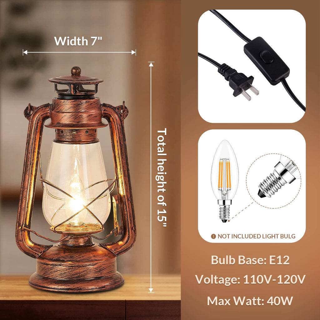 Rustic Lantern Table Lamp Plug-in Old Fashioned Night Light Perfect Living Room H15 Inch x W7 Inch