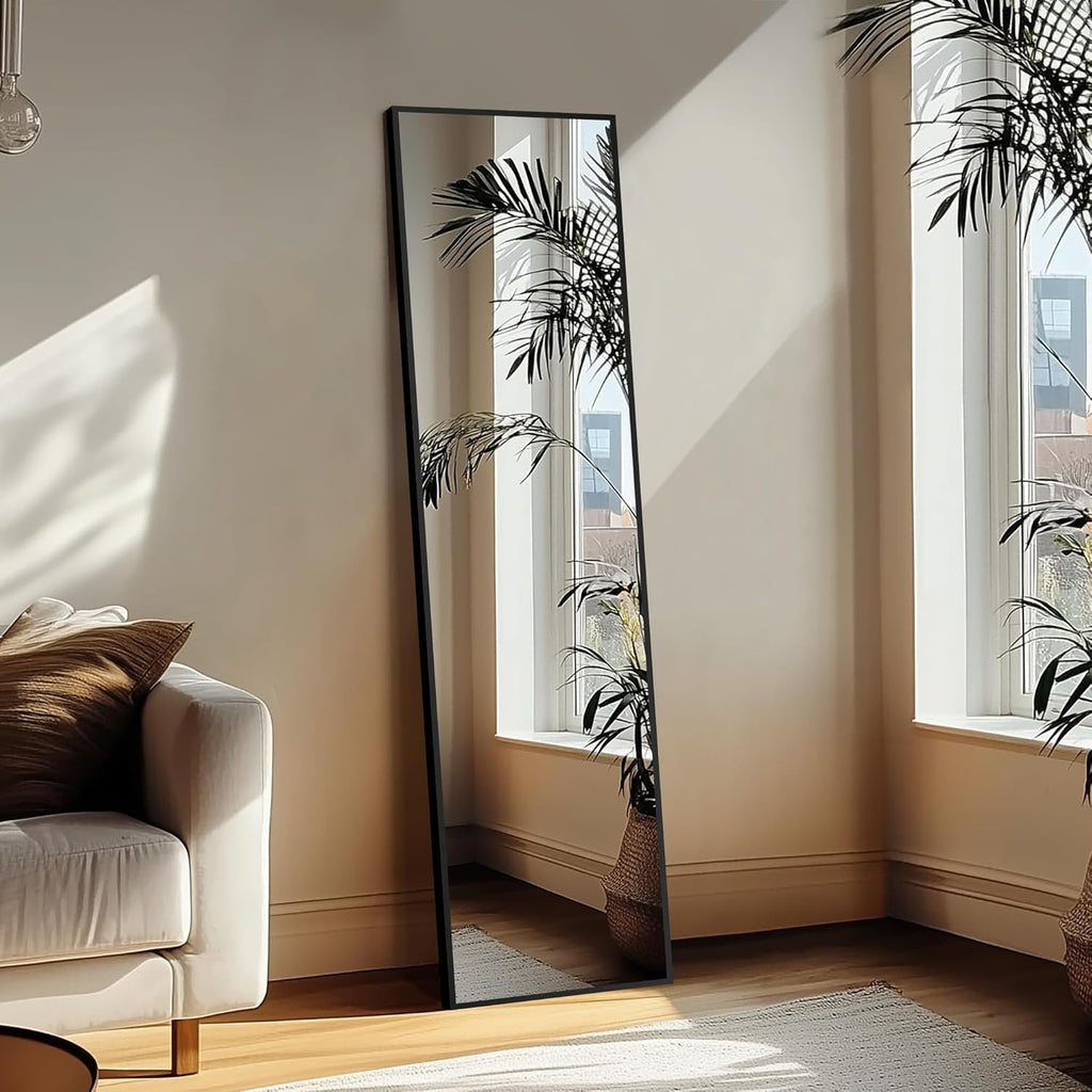 Wall Full Length Mirror,Standing Mirror Full Body,Large Floor for Wall Door Bedroom Bathroom Living Room with Aluminium Frame(with Stand,56x15-Black)