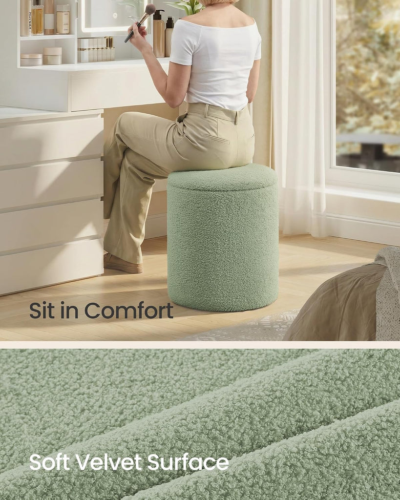 SONGMICS Vanity Stool, Set of 2, Round Storage Ottoman, Teddy Fleece