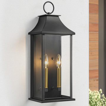 Dusk to Dawn Outdoor Wall Lantern 2-Light, 20.6" Large Outside Wall Sconce, Modern Black Wall Light Fixture with Glass
