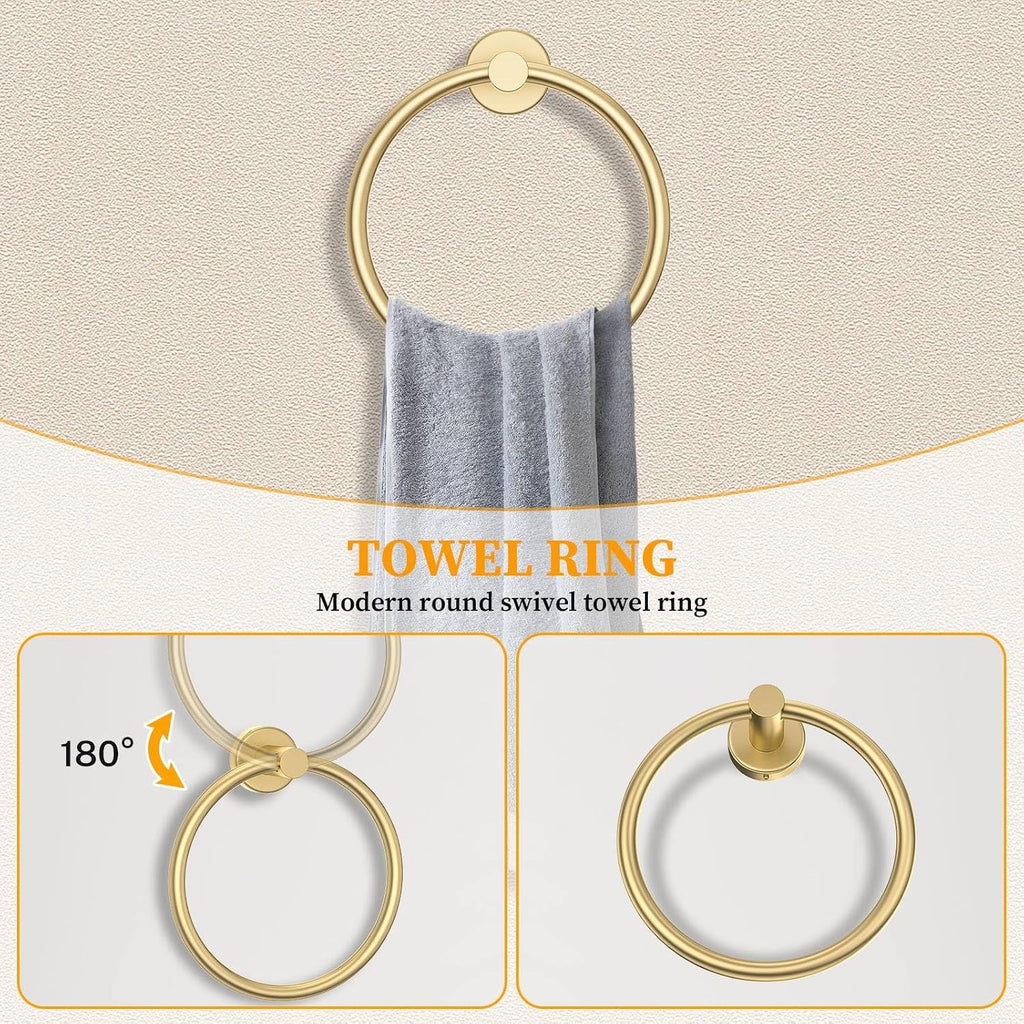 Brushed Gold Towel Bar Set 10 Pieces Round Bathroom Hardware Set Includes 23.6in Towel Bar Towel Ring Toilet Paper