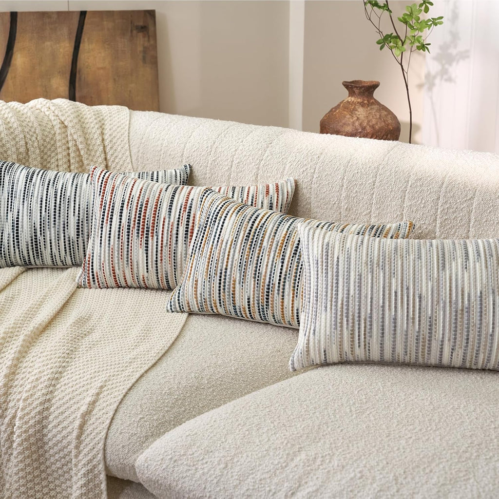 Boho Striped Pillow Cover 12x20, Rectangle Decorative Lumbar Throw Pillow Cover Chenille Neutral Pillowcase, Gray White