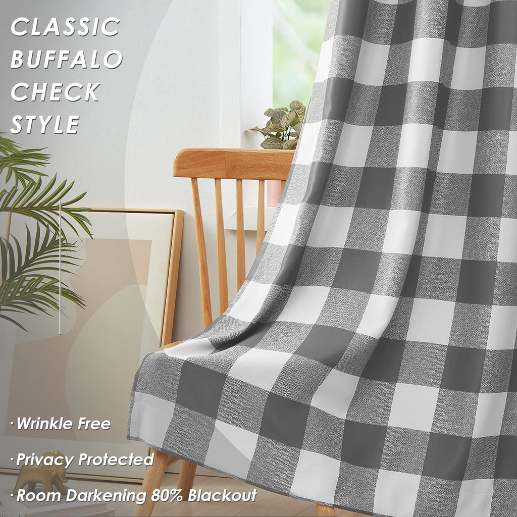 Buffalo Check Plaid Blackout Curtains 63 Inch Length Thermal Insulated Room Darkening Grommet Drapes, Grey, 50 x 63