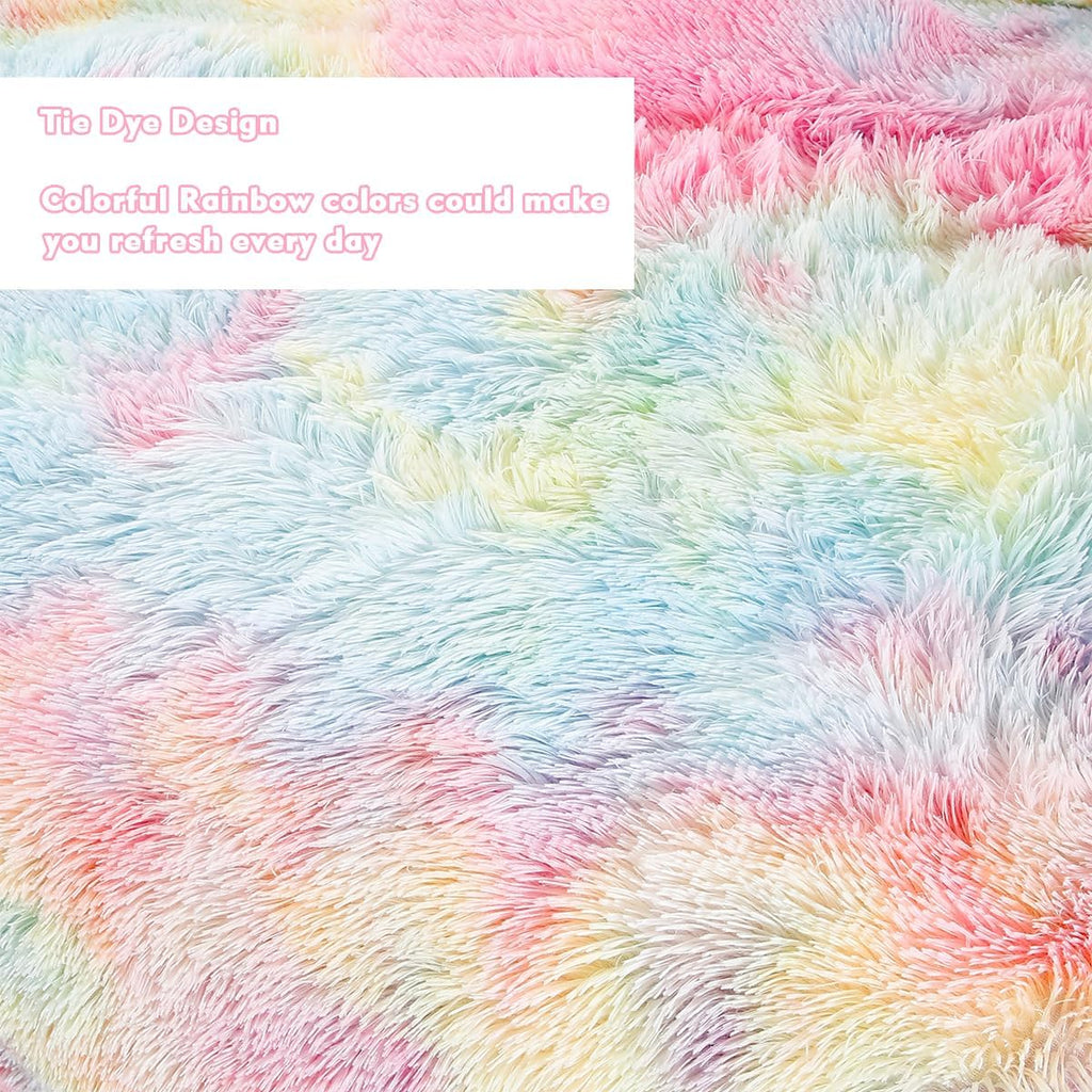 Pink Plush Shaggy Bedding Sets 3 Piece Fluffy Faux Fur Girls Comforter Set Soft Tie Dye Velvet Furry Rainbow
