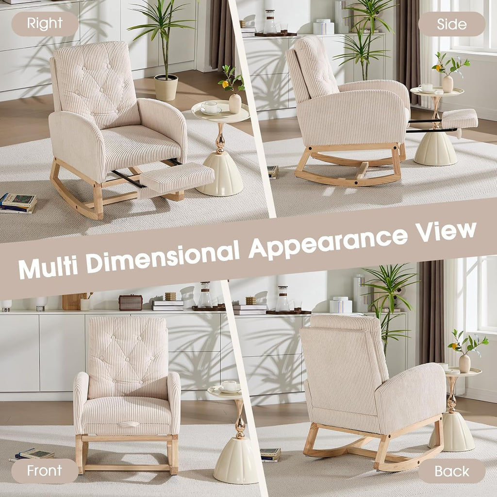 Modern Nursery Rocking Chair with Footrest, Corduroy Upholstered Recliner Glider Chair with Diamond Shape Back