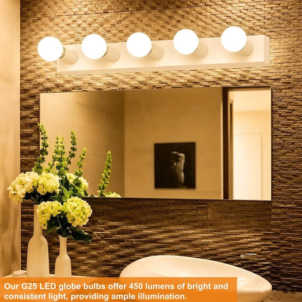 Glass LED G25 Globe Light Bulbs 60W Equivalent, G25 Dimmable 2700K Warm White Round Frosted Vanity Light Bulb for Bathroom Mirror and Chandelier, 4 Pack Milky Frosted G 25 E26 Bulb with 450LM