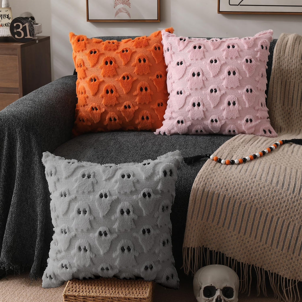Halloween Pillow Covers 20x20 inch Set of 2 Silver Gray Ghost Throw Pillow Cases Soft Plush Faux Fur Wool Couch