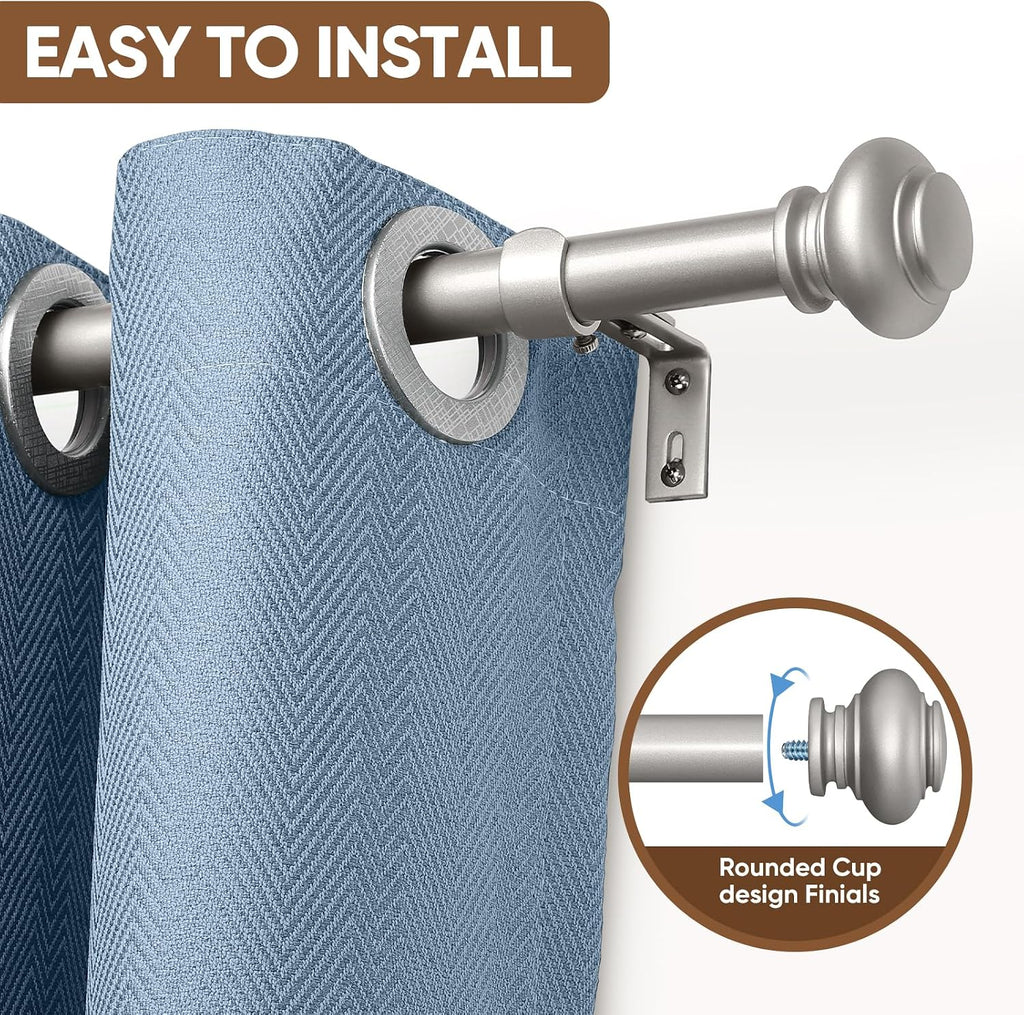 Silver Curtain Rods for Windows 72 to 144 Inches Adjustable Decorative 1 Inch Diameter Single Window Curtain Rod Set