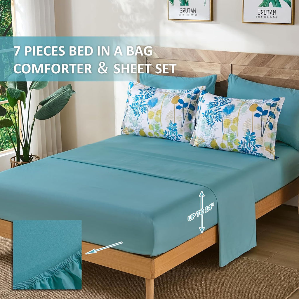 7Pieces King Comforter Set, Blue Yellow Botanical Bed in a Bag Complete Set with Sheet Pillowcase All Season