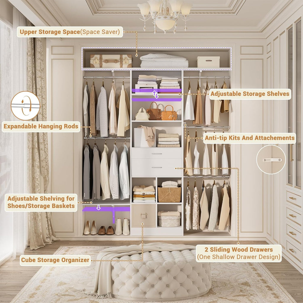 5FT Closet Organizer System with Wooden Drawers, 60 Inches Walk In Closet System With 5 Hanging Rods, Can Fit 1.58 to