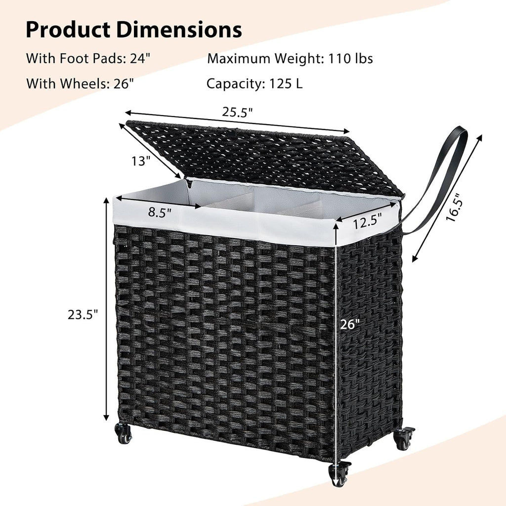 Laundry Hamper with Wheels and Lid, 125L Rattan Clothes Hamper with 2 Removable Liner Bags & Handle, 3-Section