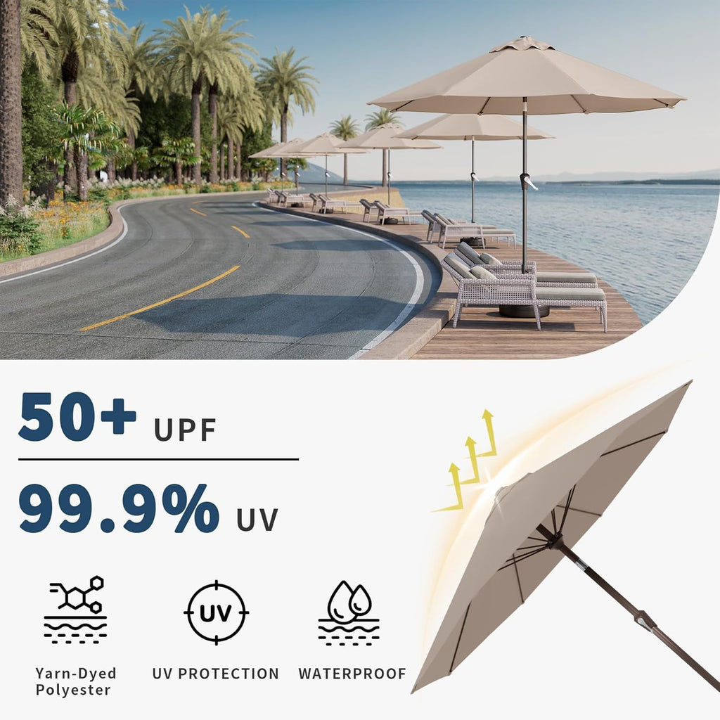 10FT Patio Umbrella Outdoor Market Umbrella with Crank and Tilt, 8 Flexible Fiberglass Ribs