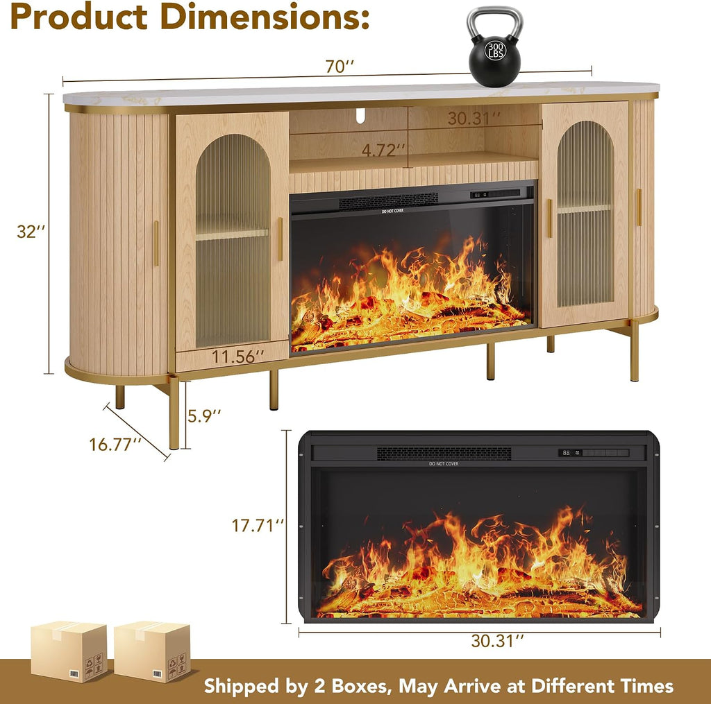 70" Fluted Fireplace TV Stand for TVs Up to 80 Inches, Entertainment Center with 30" Fireplace, Reeded Glass Door
