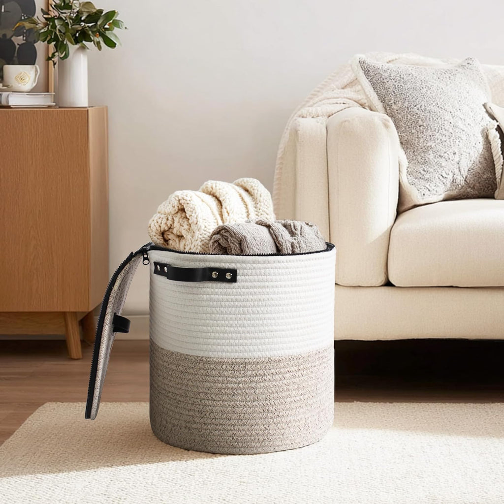 Basket with Lid, 15"x13" Round Woven Blanket Storage , Decorative Cotton Rope Hamper with Zipper Top, Wicker Basket