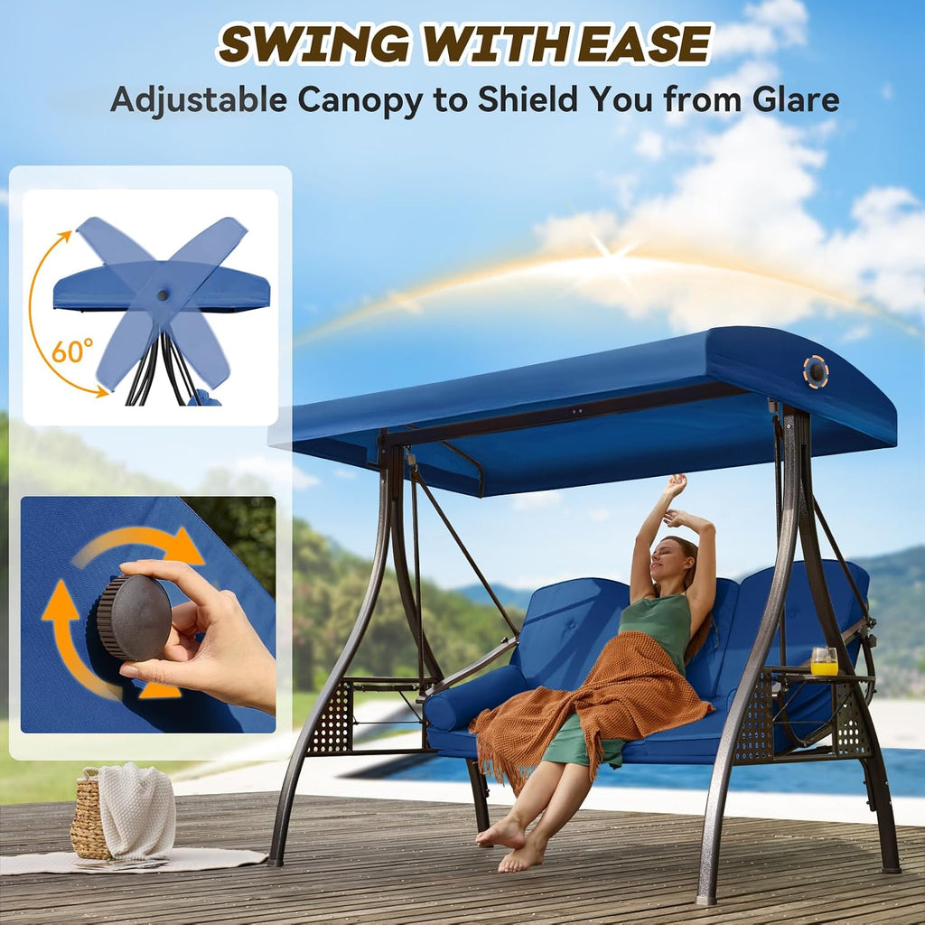 3 in 1 Outdoor Porch Swing with Adjustable Canopy, 3 Seat Outdoor Swing for Adults, Patio Swing Chair with Thickened