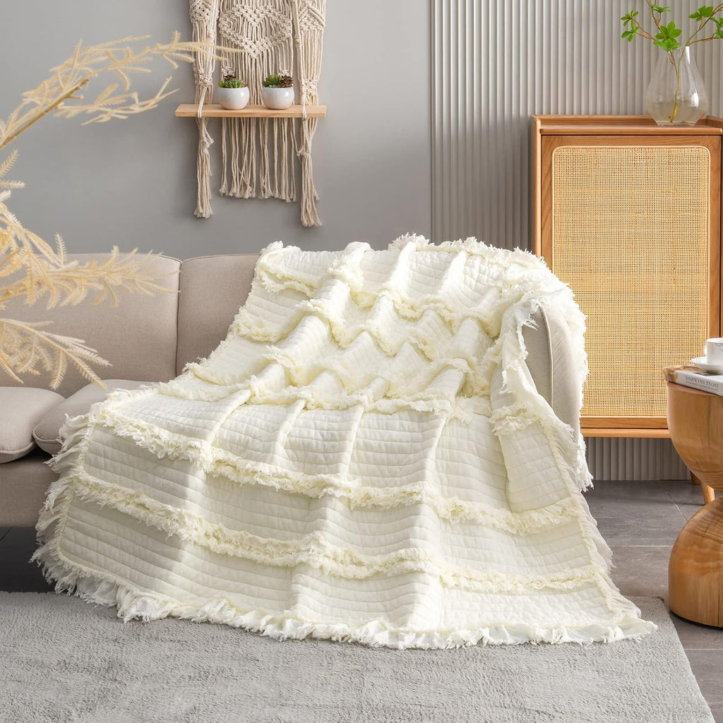 Ultra Soft Pre-Washed Warm Quilted Throw Blanket, Ruffle Fringed Cream Boho Decorative Throw, Stone Washed Chic