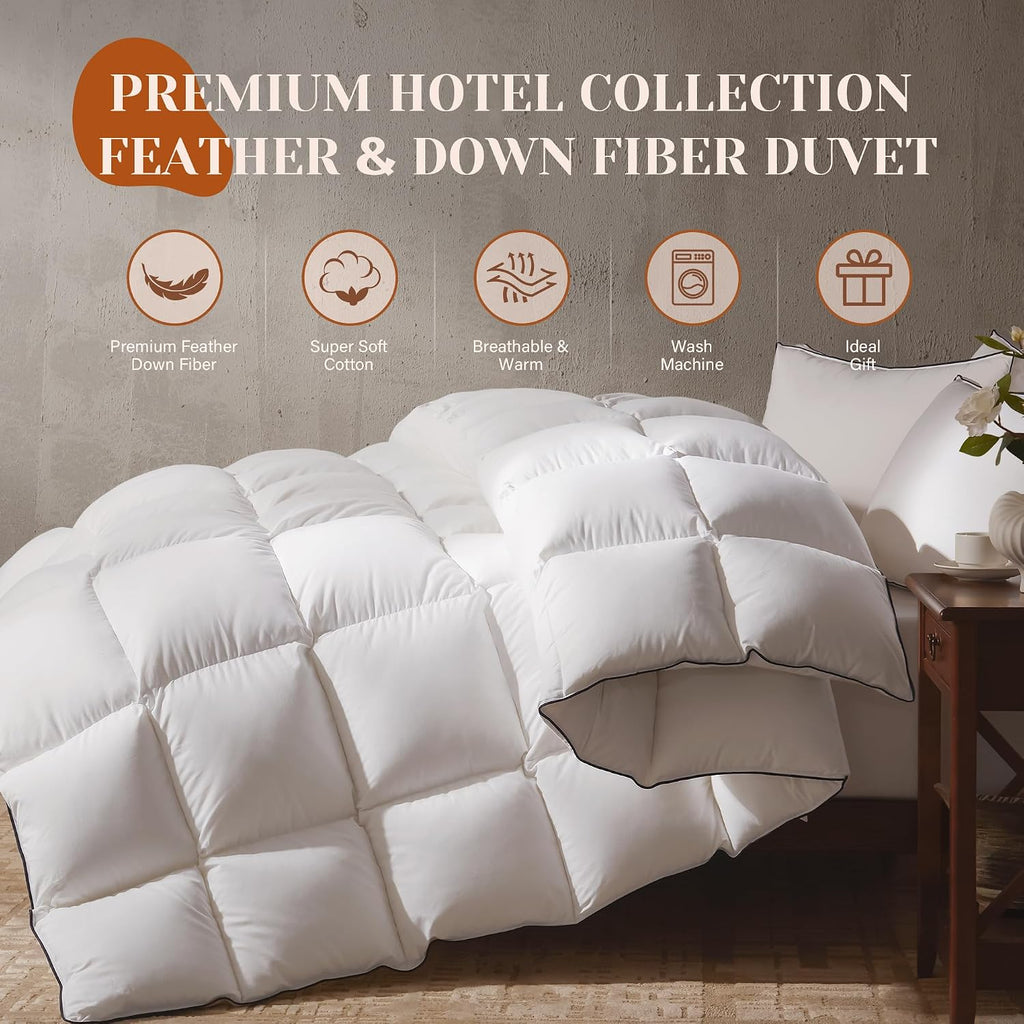 Goose Feather Down Fiber Cotton Comforter Queen, Ultra-Soft Duvet Insert, Hotel Collection White Quilted Comforter