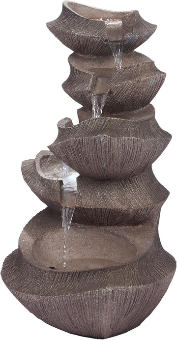 Outdoor Floor Tiered Basin Fountain with LED Lights, Modern Basin Garden Fountain 31", Brown