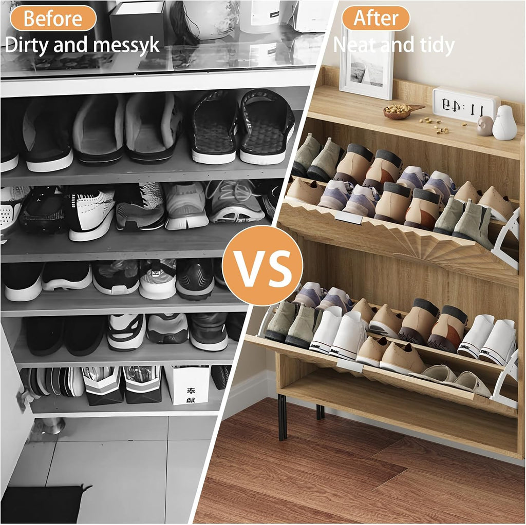 Two-Layer Shoe Cabinet with Two Flip Drawers,Wooden Thin Shoe Cabinet with Metal Handles and Metal Legs,Anti-Dump