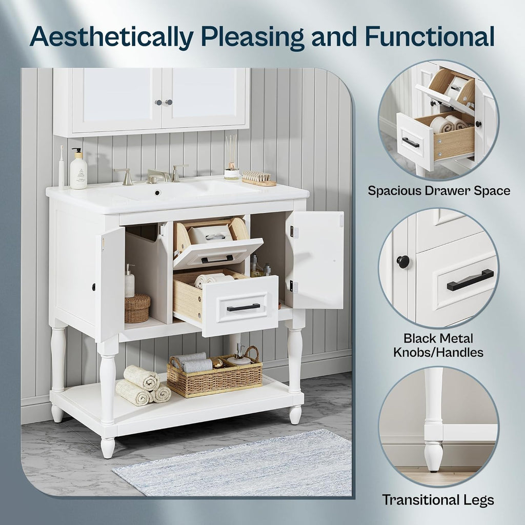 Bathroom Vanity with Sink, 30" Vanity with Storage, Modern Bath Room Sink Cabinet with 2 Drawers and 2 Cabinets, Solid Wood Frame BathroomVanity, Single Bathroom Vanity with Shelf, White