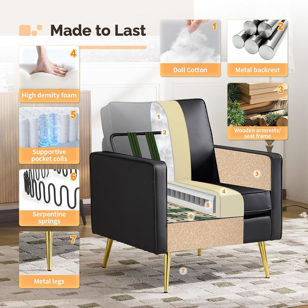 Faux Leather Accent Chair with Gold Leg, Small Space