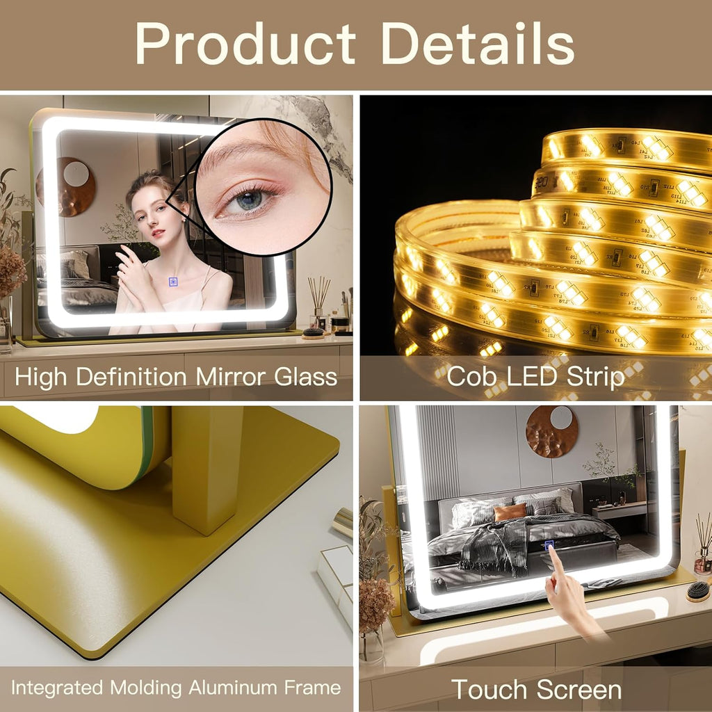 Gold Vanity Mirror with Lights 22"x19", LED Lighted Makeup Mirror, Large Makeup Mirror, Make up Mirror with Lighting