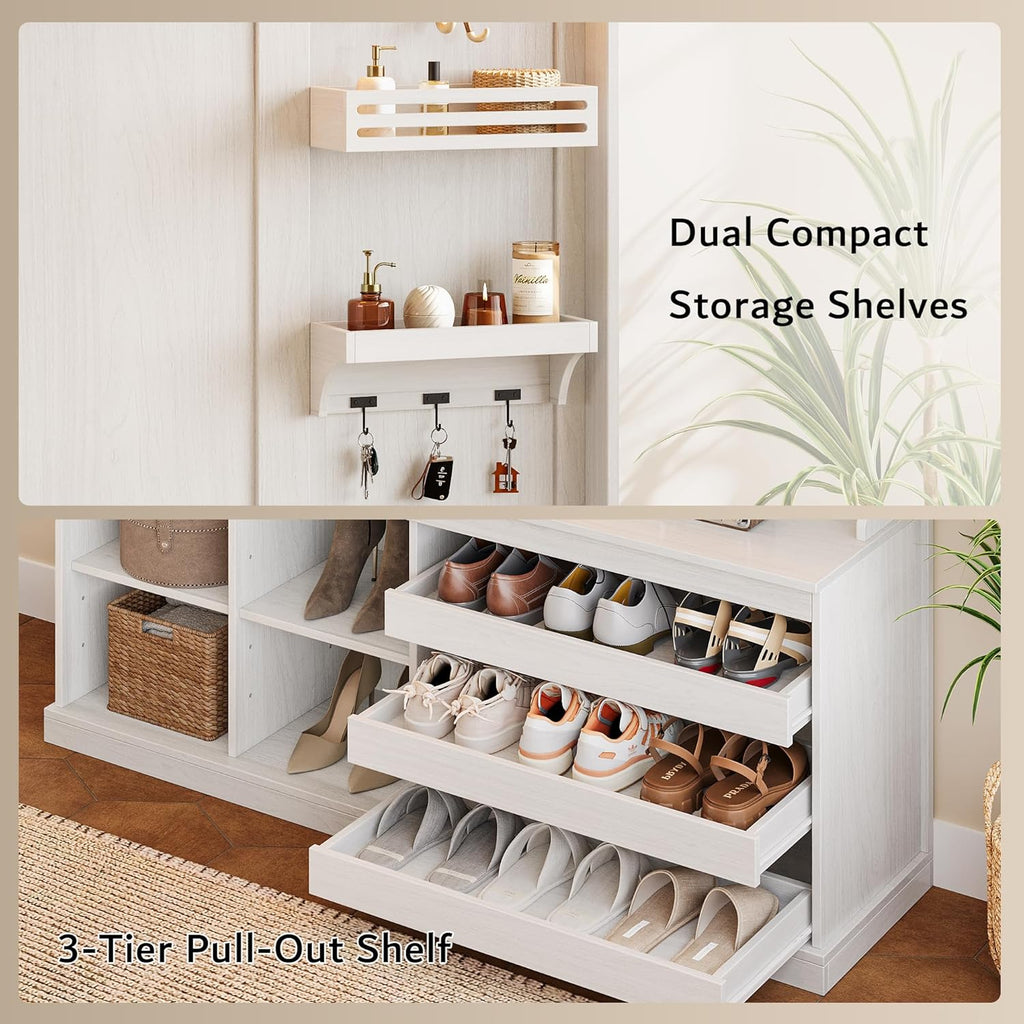 70" Large Hall Tree with Bench and Adjustable Shoe Storage, 6-in-1 Farmhouse Entryway Bench w/Coat Rack, Top Storage