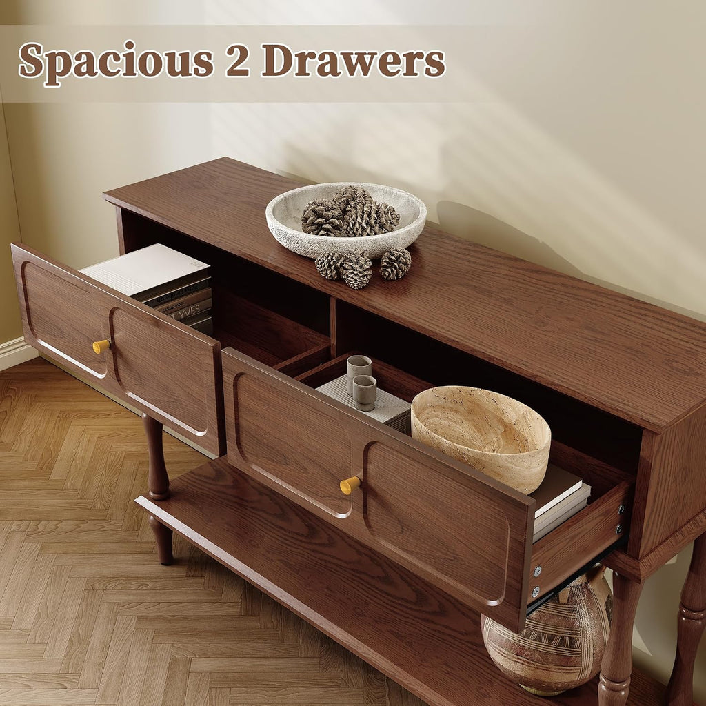 Console Table with Drawers , Mid-Century Entryway Table with Storage, Brown Narrow Entryway Table with Open Shelf
