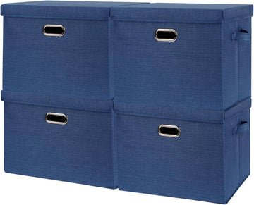4 Pack Collapsible Fabric Storage Bins with Lids(Dark Blue 14.6x10.6x10.2 inches)