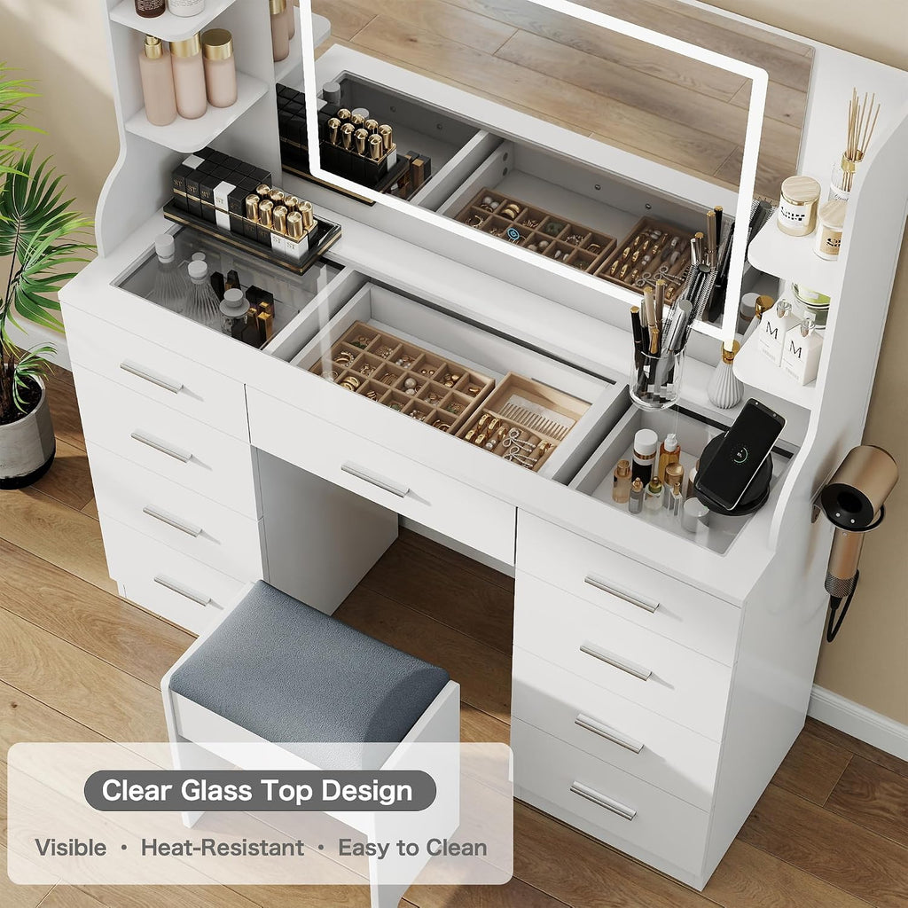 Vanity Desk with Mirror and Lights: 46" Makeup Vanity with 9 Drawers, Large Make Up Desk with Chair, Dressing Table