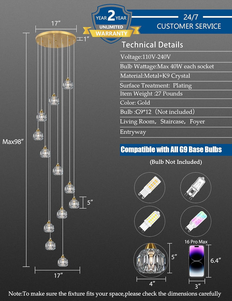 Crystal Chandeliers for Staircases, 12-Light Gold Modern Chandeliers for High Ceilings_Crystal Pendant Light Fixture for Living Room Kitchen Island Foyer Hallway Bar