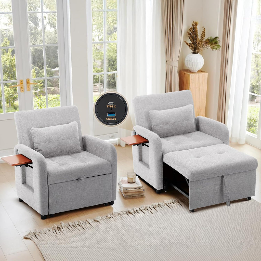 Convertible Sleeper Chair-Fabric Futon Sofa Bed, Single Sleeper Sofa, Small Couch Bed with USB Port, Foldable Table