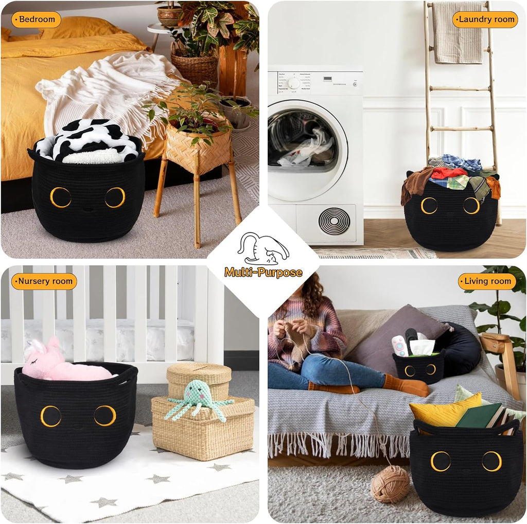 Cute Black Cat Round Basket - Cotton Rope Baskets Large Baby Laundry | Blasket , Woven Blanket Basket Hamper With