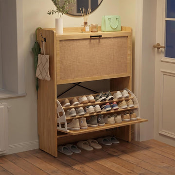 Shoe Storage Cabinet , 2 Flip Drawers with 3-Tier Rack Each, 6-Layer Total Storage, Narrow Shoe Cabinet with Linen