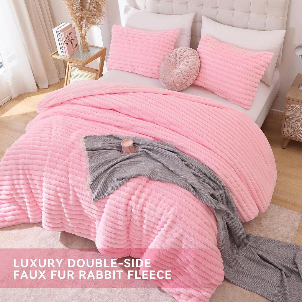 Fluffy Queen Comforter Set 3 Pieces - Pink Fleece Fluffy Comforter Set, Luxury Fuzzy Queen Bedding Set
