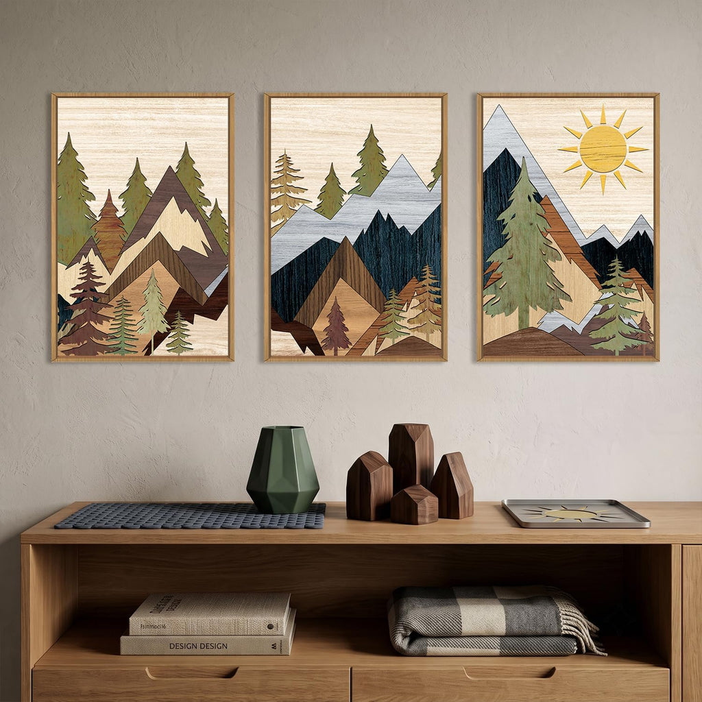 Ausri Boho Mountain Pine Tree Framed Canvas Wall Art Set -16"x24"x3