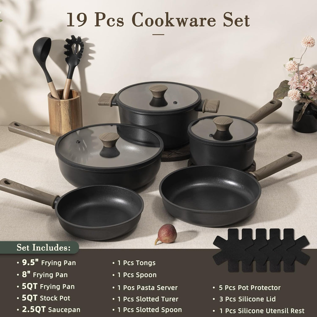 19 Pcs Pots and Pans Set Non Stick, Black Titanium Induction Kitchen Cookware Sets, Non toxic Healthy Kitchen Cooking
